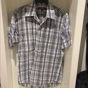 Express Men's Casual Blue and Gray Plaid Shirt